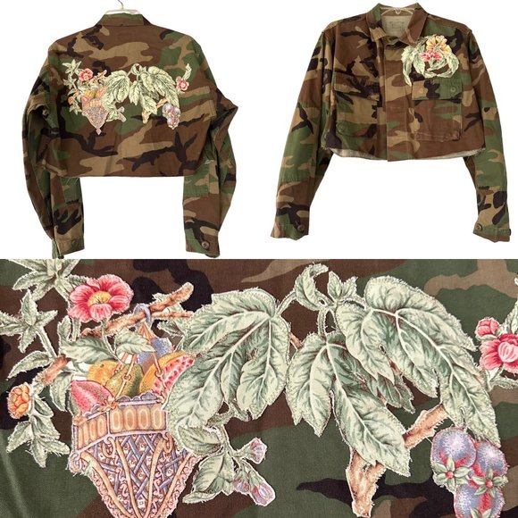 Seams by Rachel Jackets & Blazers - Custom Oversized Camo Jacket Floral Applique Unisex S Vintage Handmade Crop Art